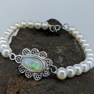 Solid White Opal Sterling Silver And Fresh Water Pearl Bracelet