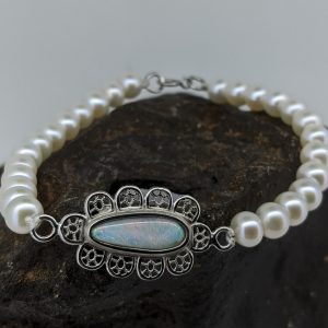 Solid White Opal Sterling Silver Bracelet With Fresh Water Pearl Band