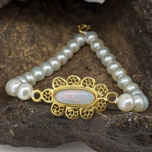 Solid White Opal Gold-Plated Sterling Silver Pearl Bracelet
