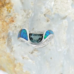 White Opal Inlay Style 14K White Gold Ring With Tourmaline And Diamonds
