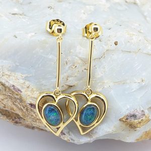 Triplet Opal Gold-Plated Sterling Silver Heart Shaped Dangle Earrings