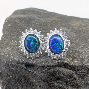 Triplet Opal Sterling Silver Stud Earring With Halo Setting