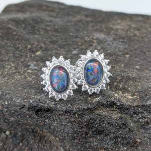 Triplet Opal Sterling Silver Stud Earrings With Cubic Zirconia Halo