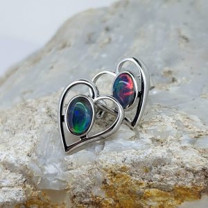 Triplet Opal Sterling Silver Heart Shaped Stud Earrings