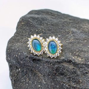 Triplet Opal Gold-Plated Sterling Silver Stud Earrings With Halo Setting