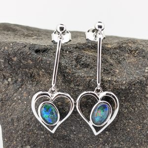 Triplet Opal Heart Shape Sterling Silver Dangle Earrings