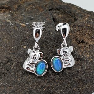 Triplet Opal Sterling Silver Dangle Style Koala Earrings