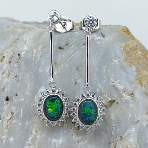 Triplet Opal Sterling Silver Dangle Style Earrings With Cubic Zirconia Halo Setting