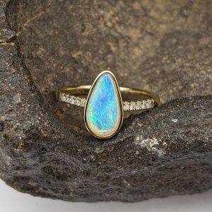 Solid White Crystal Opal 9K Yellow Gold Ring With Diamonds