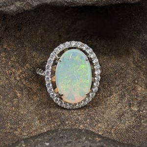 Solid White Crystal Opal Sterling Silver Ring With Cubic Zirconias