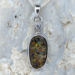 Solid Boulder Opal Sterling Silver Pendant With Cubic Zirconia