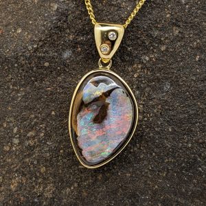 Solid Boulder Opal 9K Yellow Gold Pendant With Diamonds