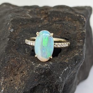 Solid White Opal 9K Yellow Gold Ring With Diamonds