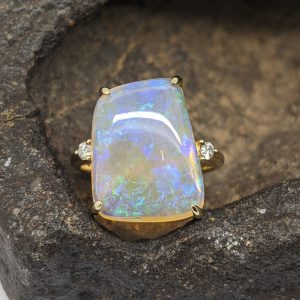 Solid Crystal White Opal 9K Yellow Gold Ring With Diamonds
