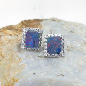 Doublet Opal Stud Sterling Silver Earrings With Cubic Zirconia Halo Setting