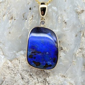 Solid Boulder Opal 9K Yellow Gold Pendant With Diamond
