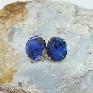 Solid Boulder Opal 9K Yellow Gold Stud Earrings