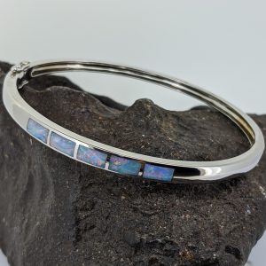 Solid White Opal Inlay Style Sterling Silver Bracelet Bangle