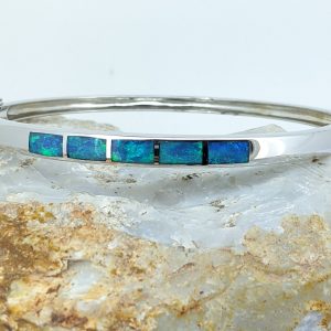 Solid White Opal Inlay Style Sterling Silver Bangle Bracelet