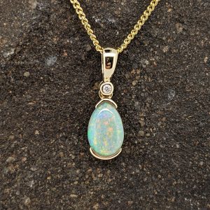Solid White Opal 14K Yellow Gold Pendant With Diamond