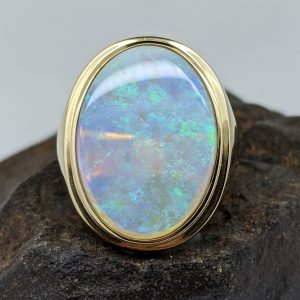 Solid White Crystal Opal 9K Yellow Gold Mens Ring