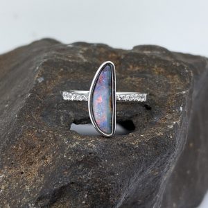 Solid Boulder Opal Sterling Silver Ring With Cubic Zirconias
