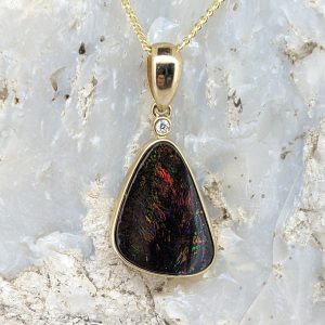 Solid Boulder Opal 9K Yellow Gold Pendant With Diamond