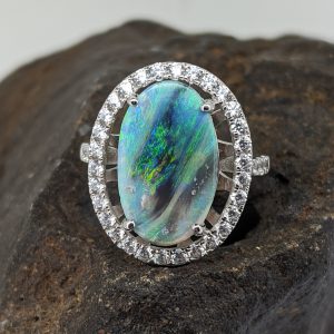 Solid Black Opal Sterling Silver Halo Set Ring