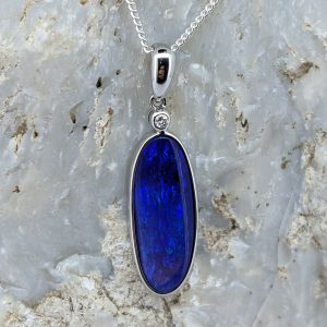 Solid Black Opal 9K White Gold Pendant With Diamond
