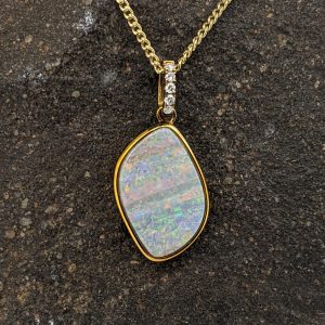 Solid Andamooka White Opal 9K Yellow Gold Pendant With Diamonds