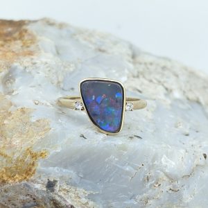 Solid Black Opal 9K Yellow Gold Ring With Diamonds