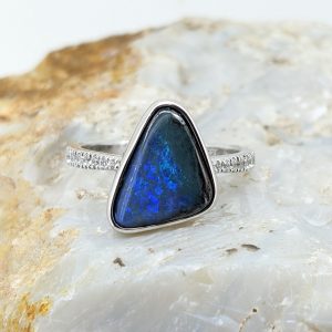 Solid Boulder Opal Sterling Silver Ring With Cubic Zirconias