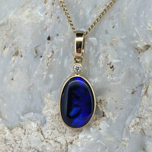 Solid Black Opal 9K Yellow Gold Pendant With Diamond
