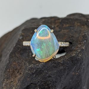 Solid White Crystal Opal 9K Yellow Gold Ring With Diamonds