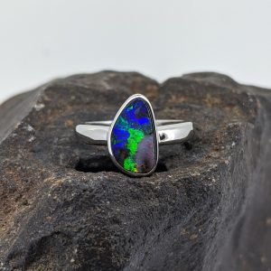 Solid Boulder Opal 9K White Gold Ring