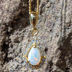 Sterling Silver Gold-Plated White Opal Pendant With Cubic Zirconias