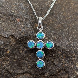 18K White Gold Inlay Opal Holy Cross Pendant